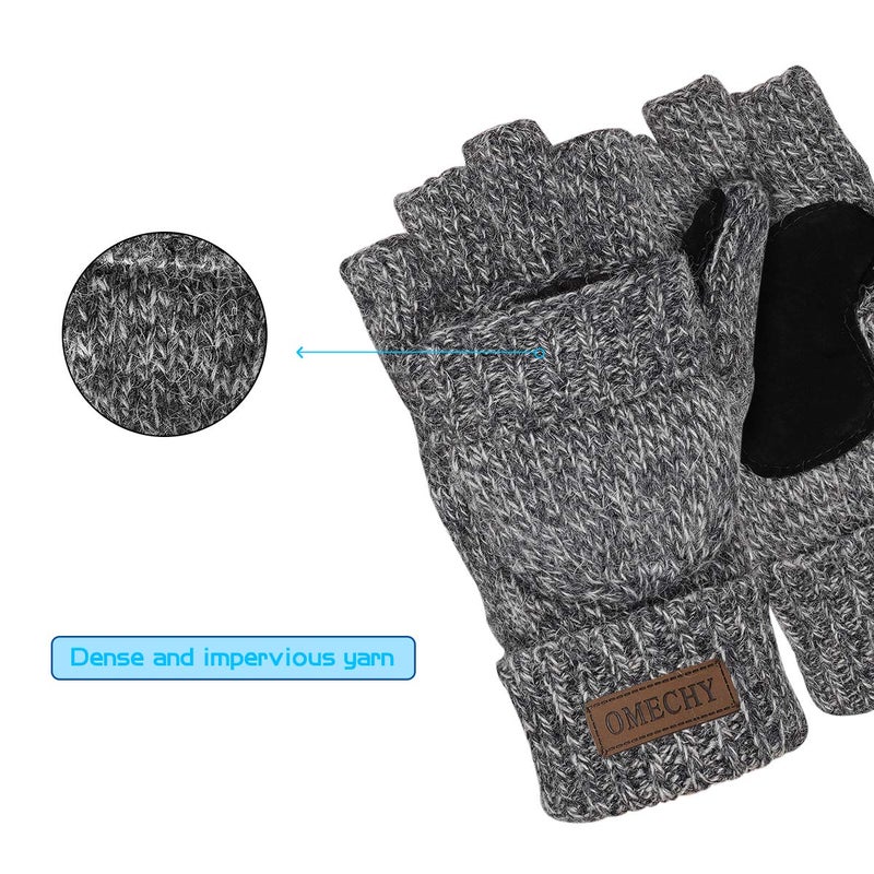 OMECHY Winter Knitted Fingerless Wool Gloves Thermal Insulation Warm Convertible Mittens Flap Cover for Men Women - Image 4